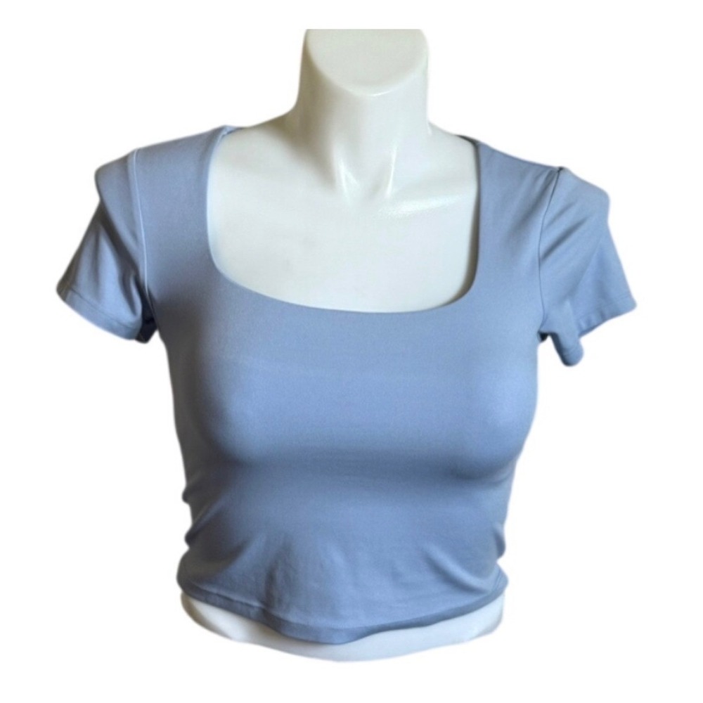 OFFLINE by Aerie Real Me Light Blue Square Neck Cropped Short Sleeve Shirt Large